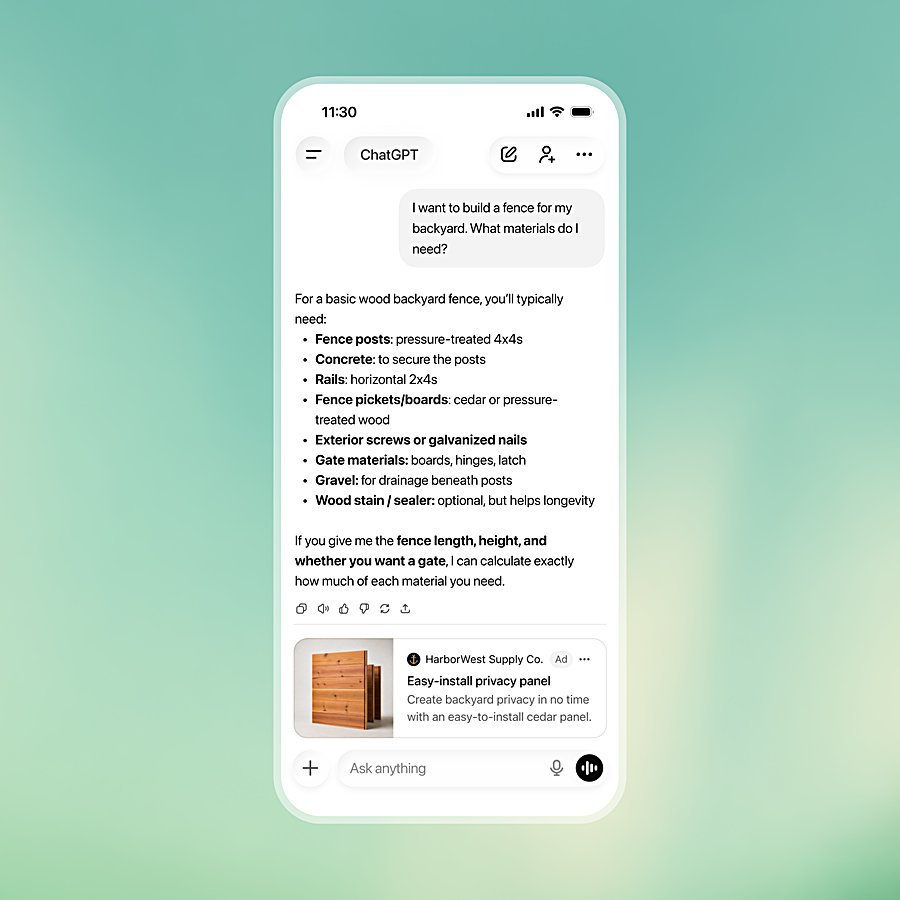 Live ChatGPT sponsored ad on mobile — HarborWest Supply Co. privacy-panel ad inside a fence-building answer