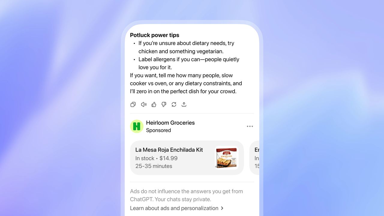 Live ChatGPT sponsored ad — Heirloom Groceries product card inside a cooking answer